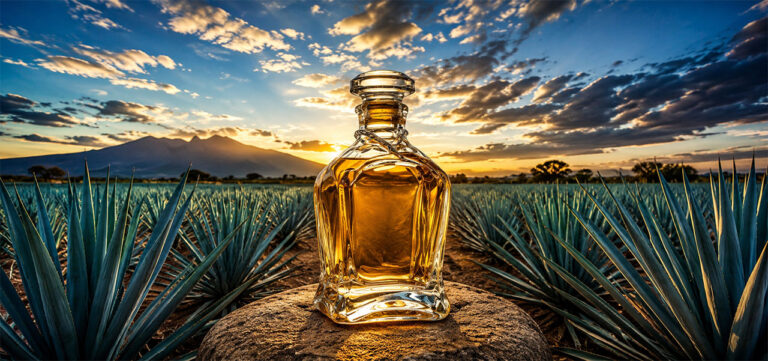 campo de agave azul y botella de tequila en jalisco méxico